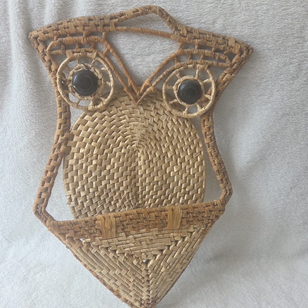 Vintage Boho Owl Woven Wicker Wall Pocket Mail Trivet Holder Cottagecore Read